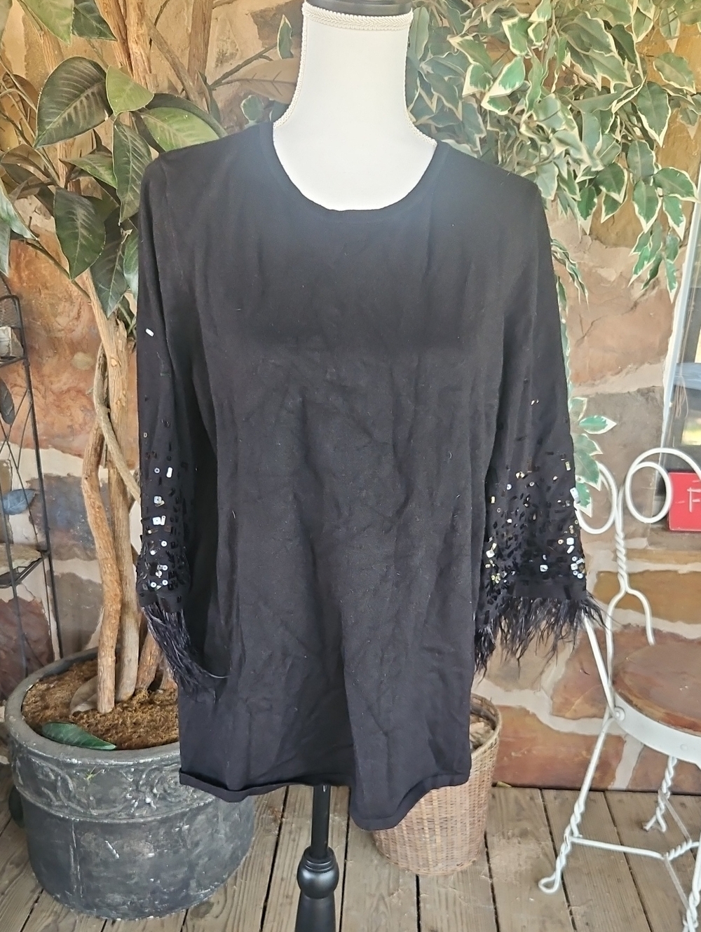 Chico's Black Sequin & Feather Sleeve Blouse